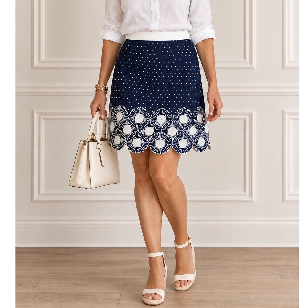 BODEN Polka Dot Embroidered Skirt Sunburst Hem 12R Preppy Nautical Navy White